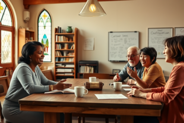 A group of diverse individuals engaging in a Bible study session, exploring their Christian faith and community.