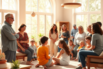 A diverse group of individuals engaging in fellowship, representing faith-based connections and community support.