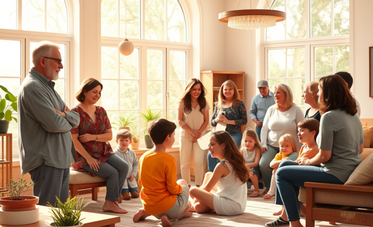 A diverse group of individuals engaging in fellowship, representing faith-based connections and community support.