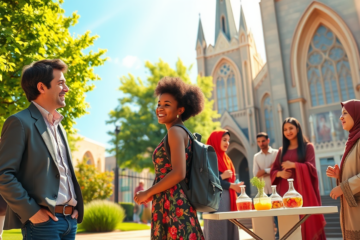 A diverse group of people engaging in a meaningful conversation at a faith gathering.