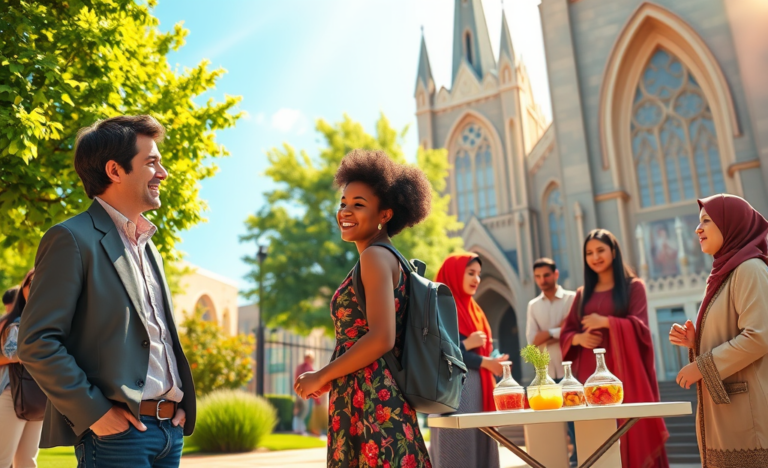 A diverse group of people engaging in a meaningful conversation at a faith gathering.