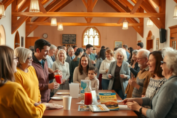 Christian communities and fellowship gatherings illustrated with a diverse group of people.