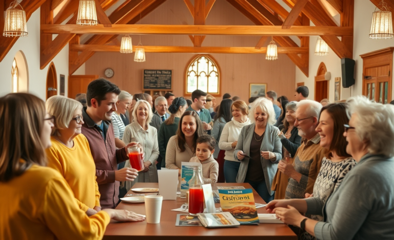 Christian communities and fellowship gatherings illustrated with a diverse group of people.