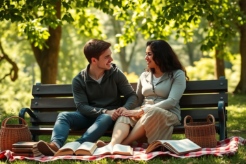 A couple discussing their values and goals for a Christian relationship.