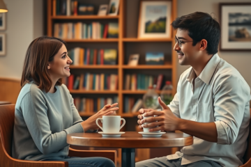 A couple discussing their faith while enjoying a safe Christian dating experience.