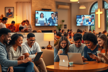 An illustration of Online Christians connecting through various digital platforms.