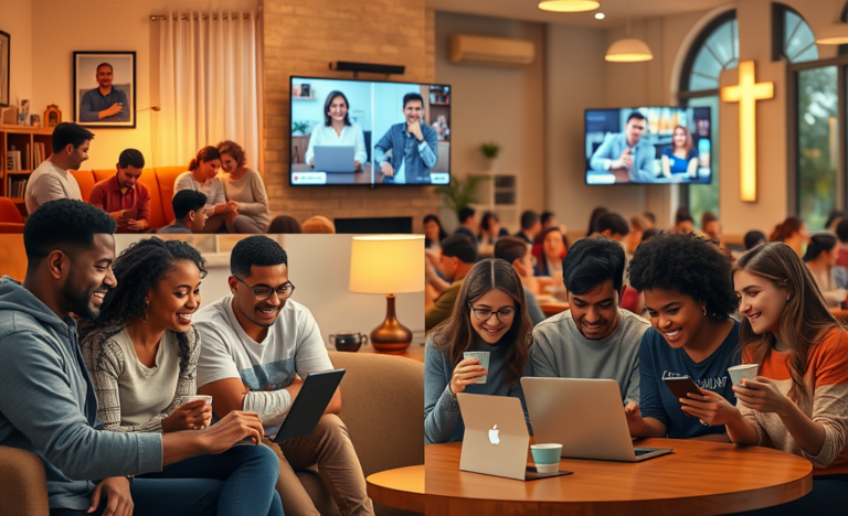 An illustration of Online Christians connecting through various digital platforms.