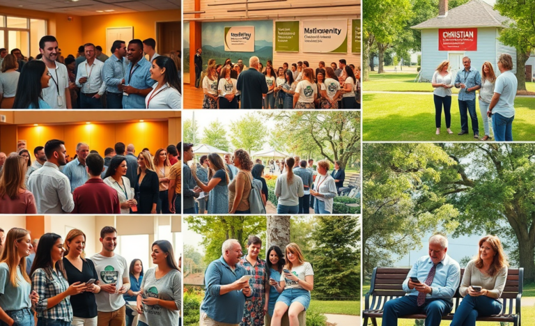 A group of diverse individuals engaging in a Christian community event, seeking friendships and connections.