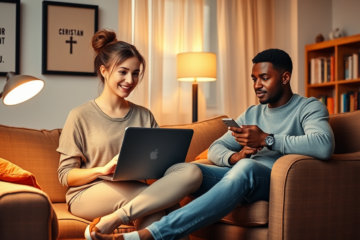 A couple engaging in online Christian dating through a smartphone app, showcasing connection and faith.