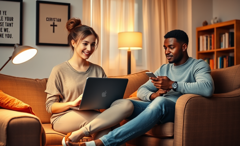 A couple engaging in online Christian dating through a smartphone app, showcasing connection and faith.
