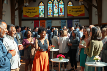 A group of smiling Christians engaging in fellowship and building relationships.