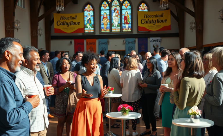 A group of smiling Christians engaging in fellowship and building relationships.