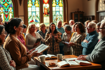 A group of diverse individuals engaged in a community prayer, symbolizing faith-based connections and shared beliefs.