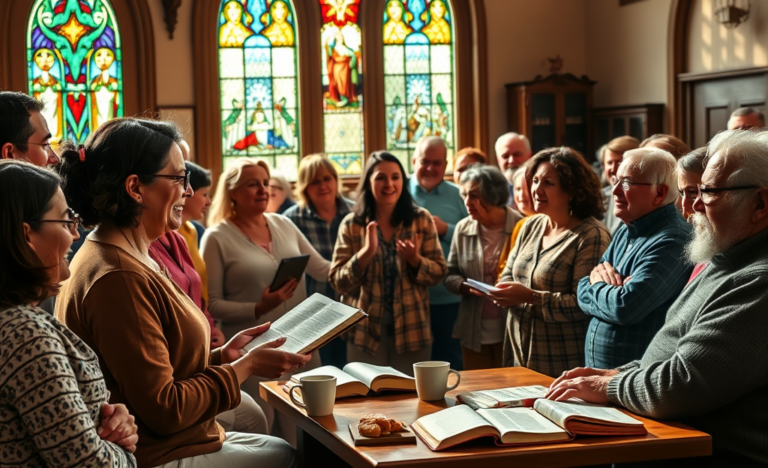 A group of diverse individuals engaged in a community prayer, symbolizing faith-based connections and shared beliefs.