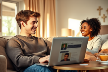 A couple connecting online through a Christian dating platform, symbolizing love and faith.