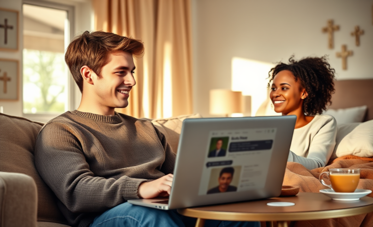 A couple connecting online through a Christian dating platform, symbolizing love and faith.