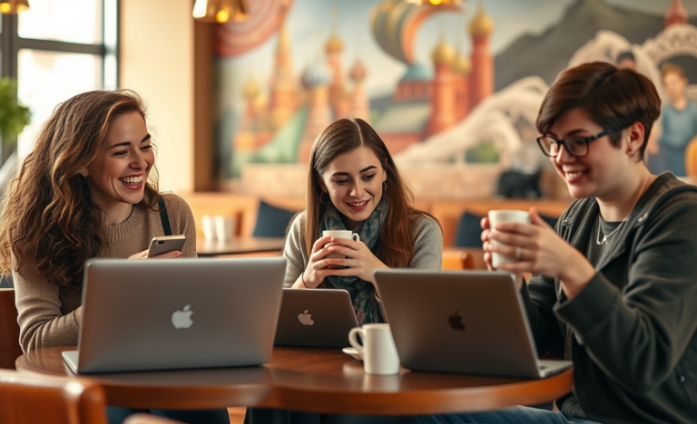 A vibrant group of Russian single women engaging in conversation, symbolizing openness to new connections and friendships.