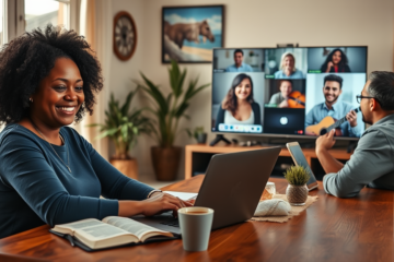 Christians meeting online through various platforms and groups, engaging in virtual worship and fellowship.